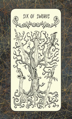 Six of swords. The Magic Gate Tarot deck card. Fantasy engraved illustration with occult mysterious symbols and esoteric concept, vintage background