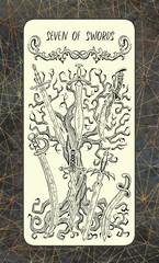 Seven of swords. The Magic Gate Tarot deck card. Fantasy engraved illustration with occult mysterious symbols and esoteric concept, vintage background
