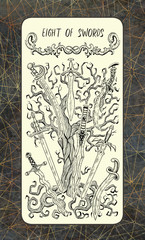 Eight of swords. The Magic Gate Tarot deck card. Fantasy engraved illustration with occult mysterious symbols and esoteric concept, vintage background