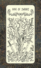Nine of swords. The Magic Gate Tarot deck card. Fantasy engraved illustration with occult mysterious symbols and esoteric concept, vintage background