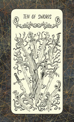 Ten of swords. The Magic Gate Tarot deck card. Fantasy engraved illustration with occult mysterious symbols and esoteric concept, vintage background