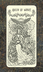 Queen of wands. The Magic Gate Tarot deck card. Fantasy engraved illustration with occult mysterious symbols and esoteric concept, vintage background