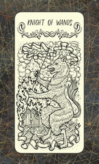 Knight of wands. The Magic Gate Tarot deck card. Fantasy engraved illustration with occult mysterious symbols and esoteric concept, vintage background