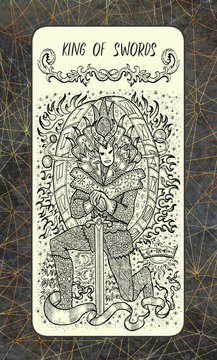 King of swords. The Magic Gate Tarot deck card. Fantasy engraved illustration with occult mysterious symbols and esoteric concept, vintage background