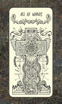 Ace of wands. The Magic Gate Tarot deck card. Fantasy engraved illustration with occult mysterious symbols and esoteric concept, vintage background