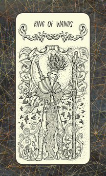 King of wands. The Magic Gate Tarot deck card. Fantasy engraved illustration with occult mysterious symbols and esoteric concept, vintage background