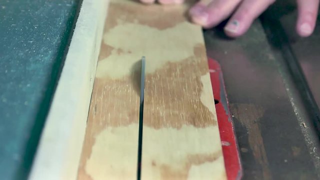 Plywood beng ripped on a table saw. Working woodshop 