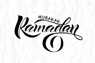 Vector Illustration of text Ramadan Mubarak for postcards. Ramadan Mubarak badge, tag and icon. Template for postcards, invitation, banner, poster. Lettering, calligraphy of Ramadan Kareem text. EPS 1