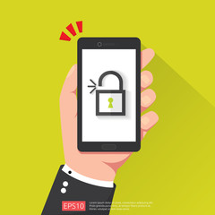 hand holding phone with open unlock padlock icon. attention access warning alert mark on screen. shield safe secure of personal user authorization, VPN internet protection. vector illustration