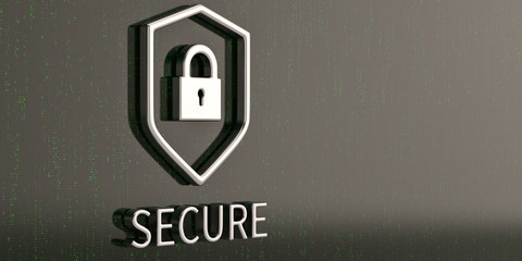 Shield with lock on green digital background. 3D illustration.