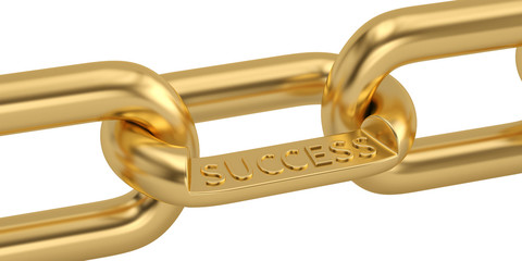 Gold chain with a sign of success isolated on white background.3D illustration.