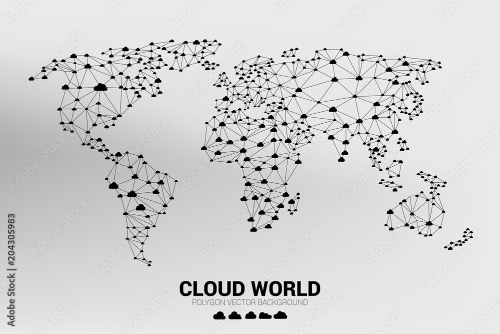 Poster Cloud network World map wireframe polygon dot connect line : concept of cloud computing 