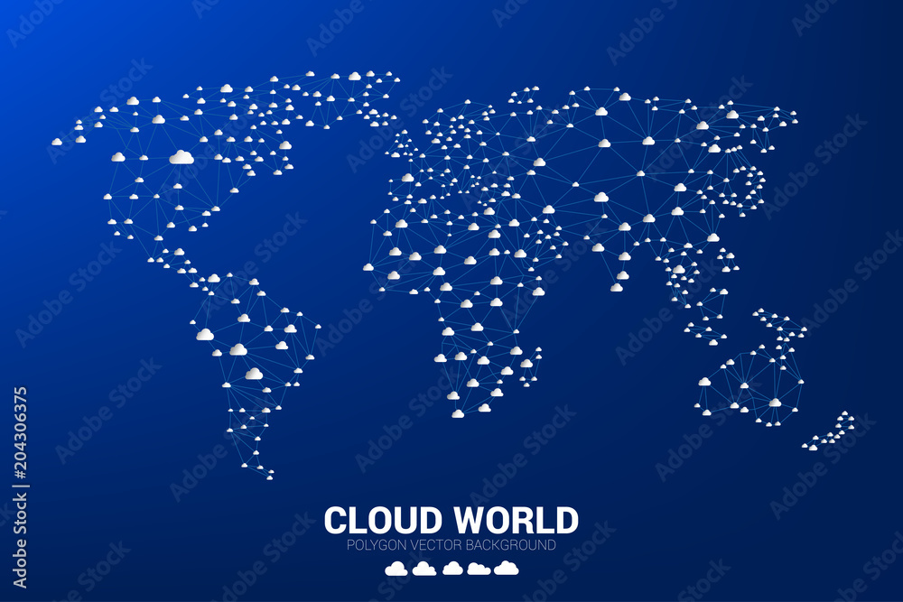 Poster Cloud network World map wireframe polygon dot connect line : concept of cloud computing 