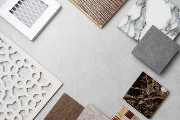 samples of material, wood , on concrete table.Interior design select material for idea.