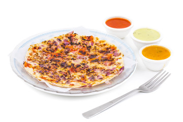 South Indian Food Uttapam Also Know As ooththappam, Rava Uttapam, Uttapa or Uthappa is a Popular South Indian Delicious Spicy Breakfast Snack Served with Coconut Chutney, Tomato Sauce and Sambar
