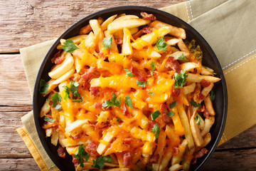 Portion of French fries with melted cheddar cheese, bacon and parsley closeup on a plate....