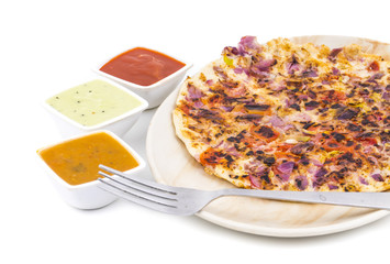 South Indian Food Uttapam Also Know As ooththappam, Rava Uttapam, Uttapa or Uthappa is a Popular South Indian Delicious Spicy Breakfast Snack Served with Coconut Chutney, Tomato Sauce and Sambar