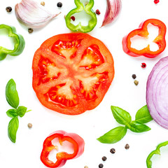 Colorful food pattern made of red pepper, onion, tomatoes and basil leaves. Flat lay. Healthy food background with various vegetables ingredients.
