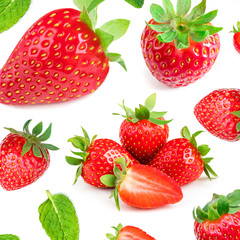 Seamless pattern with fresh Strawberries isolated on white background. Top view.