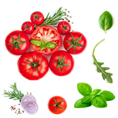 Food ingredients mix isolated on white background. Set of Ripe red tomatoes, arugula, basil leaf, red onion and spices. Vegetables  Collection. Top view