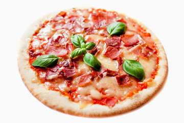 Delicious  italian classic original pepperoni pizza isolated on white background, close up.
