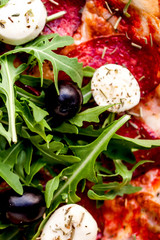 Hot pizza background slice with Pepperoni, melting cheese. Top view.