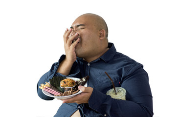 fat man eating, portrait of overweight person feels hungry and eating chips,cake,green tea frappe...
