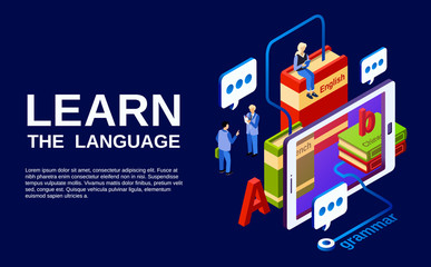 Learn language vector illustration, study of foreign languages concept. Isometric advertising poster design of smartphone screen with people chat talking, dictionary and grammar books