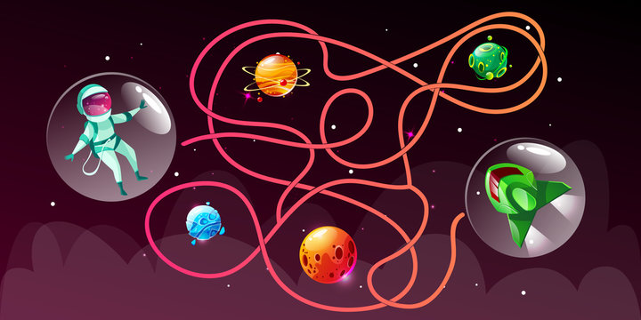 Vector cartoon choose the right path educational game for children in space style. Find correct way in cosmic maze for spaceman to its spaceship rocket through planets, asteroids and stars.