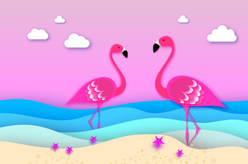 Elegant Two Pink birds - Flamingo and lifebuoy in the sea in paper cut style. Origami layered beautiful seascape and sky.