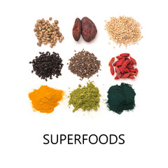 Small heap of various superfoods isolated on white background. Superfood as chia, spirulina, matcha tea powder, raw cocoa bean, goji, hemp, quinoa, black sesame, turmeric. Copy space for text.Top view