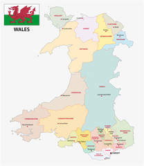 wales administrative and political vector map with flag