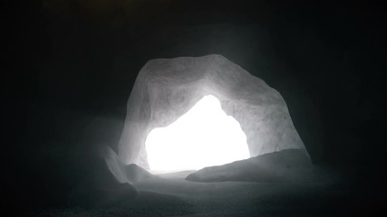 3D Animation Inside of Dark Mountain Cave and Waterfall at the End