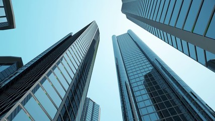 4K Animation of Modern Corporate Buildings with Sun Light and Flying Airplane above the Skyscrapers. 4K Video Clip