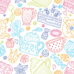 Tea time. Cute seamless pattern. Line background.