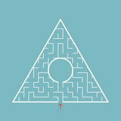 Triangular labyrinth with an input and an exit. Simple flat vector illustration isolated on a colored background