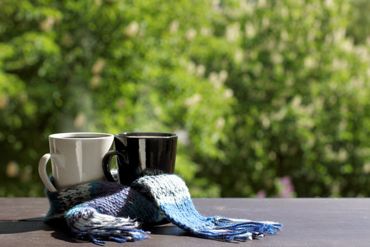 meet warm summer together/ black and white mug wrapped in a blue scarf on a table on a background of flowering garden