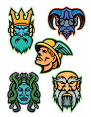 Mascot icon illustration set of heads of Greek mythology gods like Poseidon or Neptune, Hades, Hermes or Mercury, Medusa, a Gorgon, and Cronus or Kronos on isolated background in retro style.