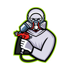 Mascot icon illustration of an Industrial Spray Painter holding spray paint and wearing mask or paint respirator viewed from front on isolated background in retro style.