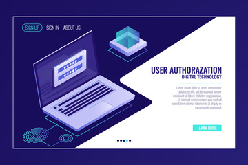 User sign up or sign in page, feedback, laptop with authorization form on screen, web page template banner vector