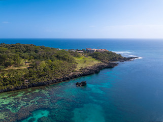 An aerial view of the southwest end of Roatan island Honduras looking south