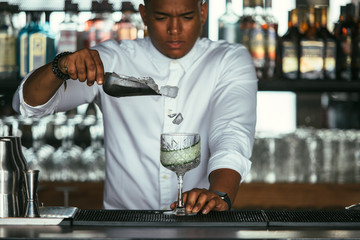 Expert bartender adds ice