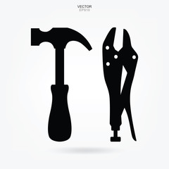 Hammer and Pliers wrench icon. Craftsman tool sign and symbol. Vector.