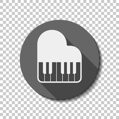 Grand piano icon. White flat icon with long shadow in circle on