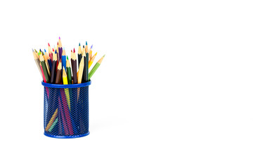 Color pencils in a pencil box on white background