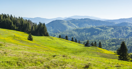 Obraz premium Abandoned shepherd farm on a glade in the mountains.