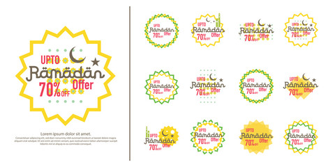 Ramadan sale offer banner set design. Promotion poster, voucher, discount, label, greeting card of Ramadan Kareem and Eid Mubarak celebration. background vector illustration