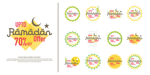 Ramadan sale offer banner set design. Promotion poster, voucher, discount, label, greeting card of Ramadan Kareem and Eid Mubarak celebration. background vector illustration