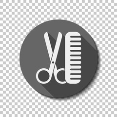 Scissors and hairbrush. Tools of barber. White flat icon with lo