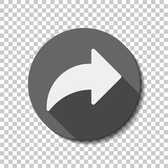 Share icon with arrow. White flat icon with long shadow in circl